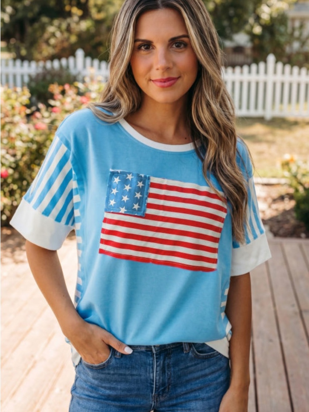 1207. Light Blue Flag Patchwork Colorblock Top 🇺🇸 State of Fashion